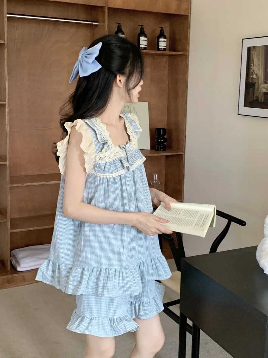 여름 한국 스타일 달콤한 작은 비행 소매 온라인 유명 인사 체크 무늬 편안한 잠옷 여성 여름 슬링 투피스 세트 홈웨어