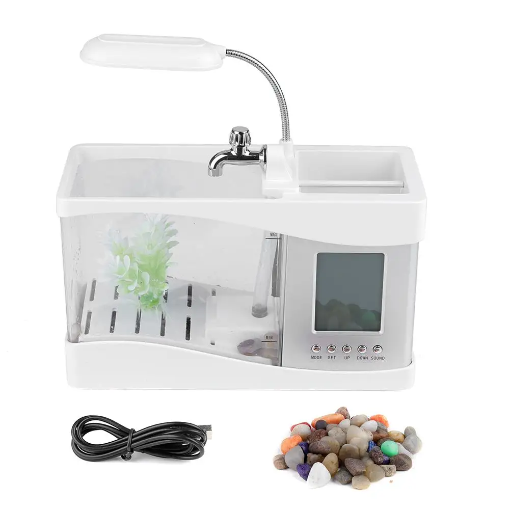 USB Rechargeable Mini Desktop Aquarium with LED Light LCD Display & Clock Multifunctional Fish Tank Supplies