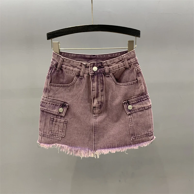 

Женская джинсовая юбка с высокой талией, Повседневная Свободная трапециевидная юбка из денима с большими карманами и высокой талией, лето 2024