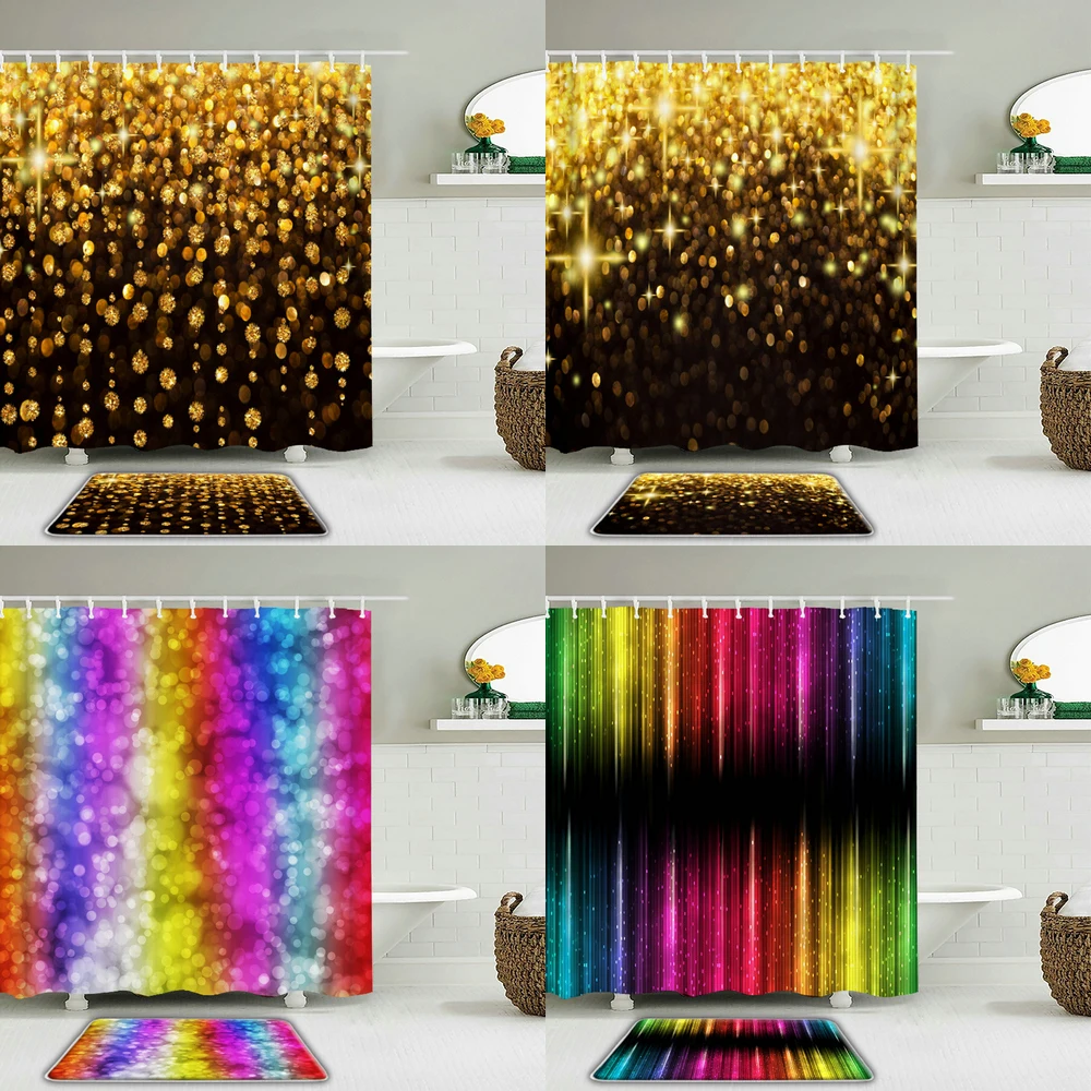

2pc/set Colorful Shiny Dream Shower Curtain And Rug Waterproof Fabric Bath Curtain for Toilet Bathroom Decoration Non-slip Mat