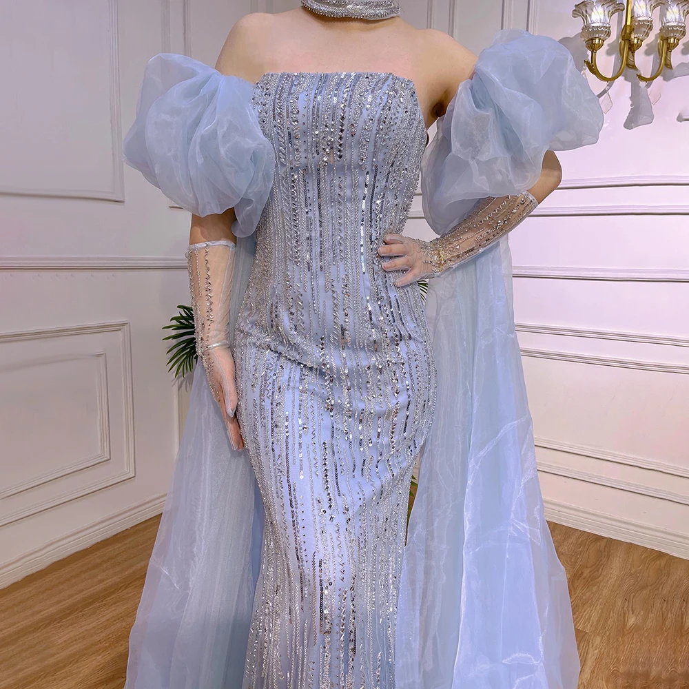 S8593ad9162484baf832b26cfc4e621a6s Blue Sexy Strapless Mermaid Sparkly Puff Sleeves Crystal Beaded Evening Dresses Gowns For Women Party Mallzona