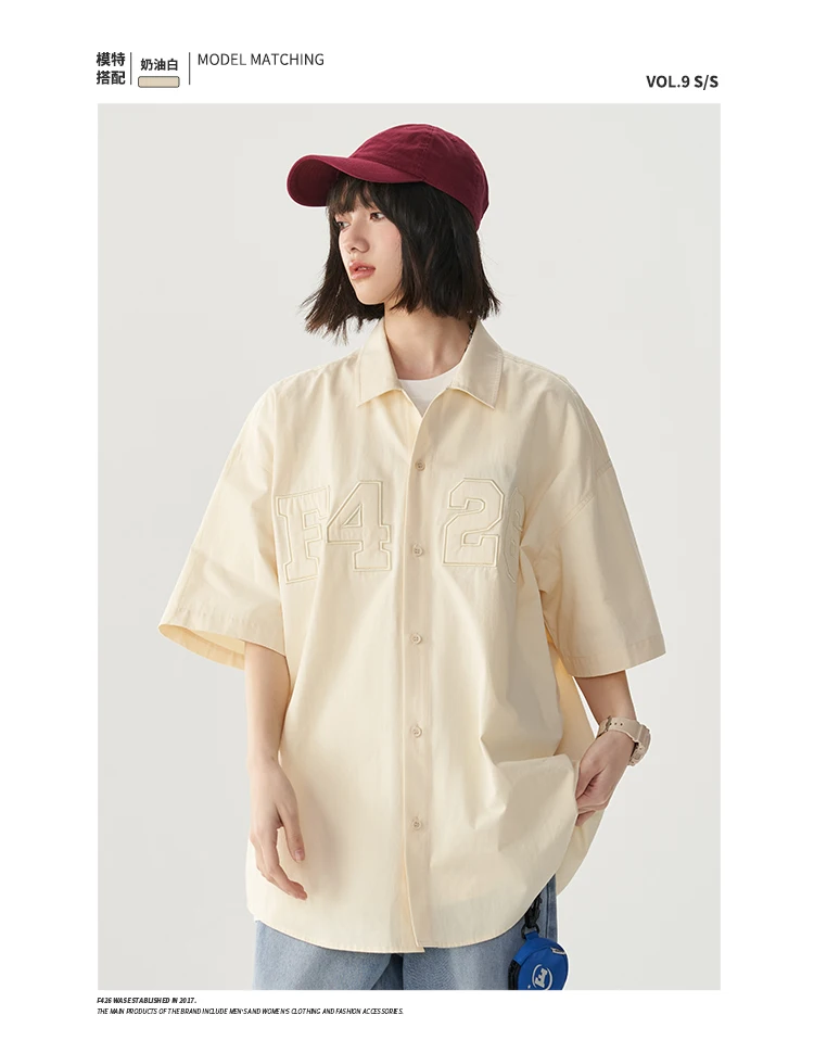 Short-Sleeved Shirt Pure Cotton Couple's Letter Jacquard Solid Color National Fashion Casual Fashion Loose Spring Summer Basic