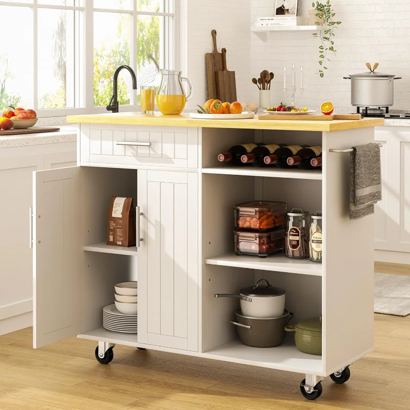 

SUNLEI Kitchen Island on Wheels with Storage Cabinet & Drawer, 42" Multifunction Kitchen Cart on Wheels with Shelves Cart Handle