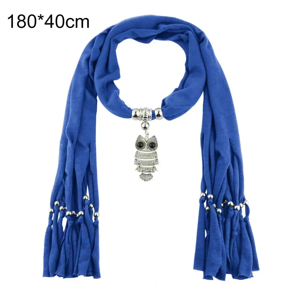 Long Fringed Solid Color Women Scarf Retro Owl Pendant Necklace Scarf Costume Accessories Gift