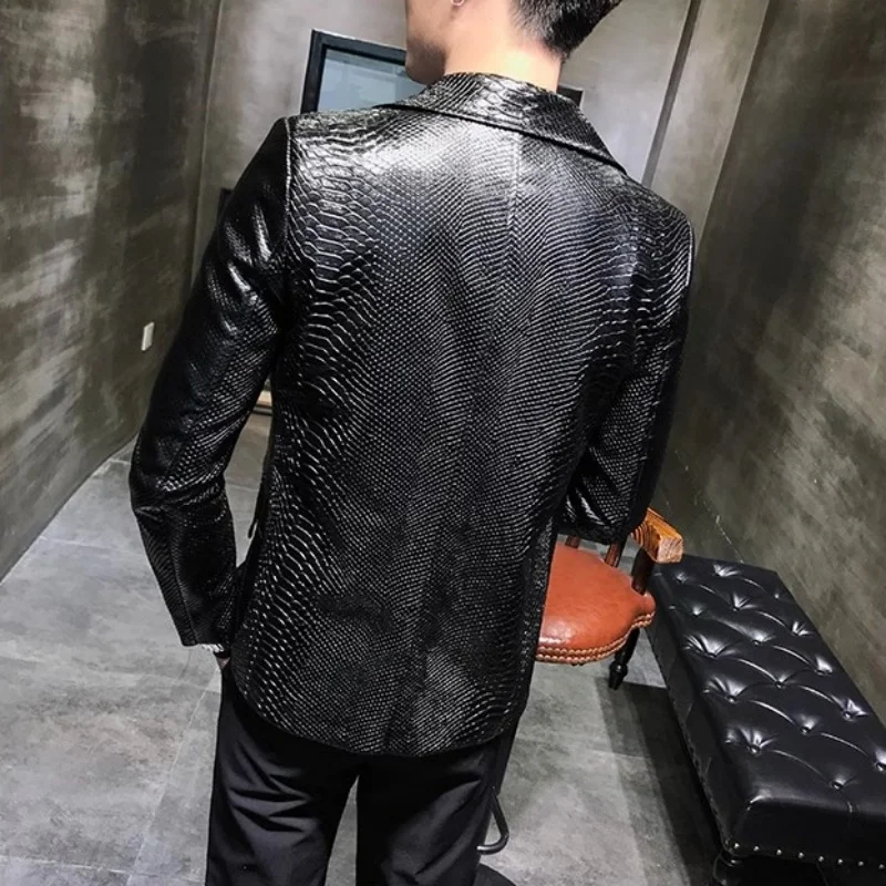 New Crocodile Patterns Leather Jacket men's solid lapel Slim Fit PU Coats Casual Blazer Leather Jacket Motorcycle  Outwear 5