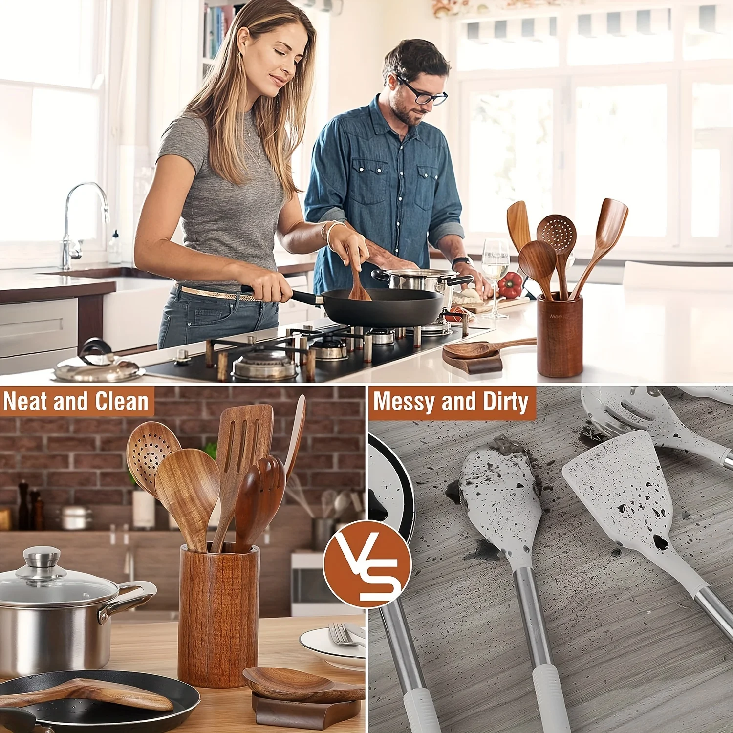 Natural Teak Wood Kitchen Utensil Set Wooden Cooking Tools with Holder Ideal for Healthy Non - Stick Cookware Cooking - 6