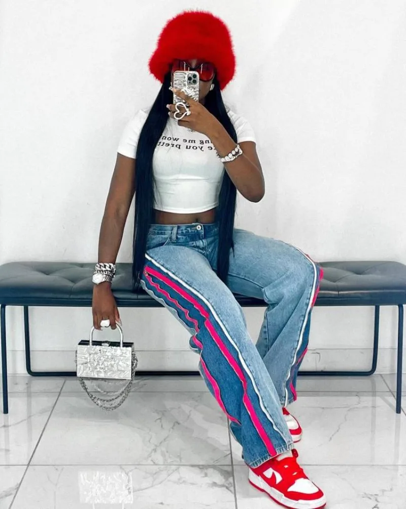 

Color Patchwork Side Zipper Casual Jeans Pants Women Fashion Button Fly Loose Denim Trousers All Matching Streetwear Bottoms