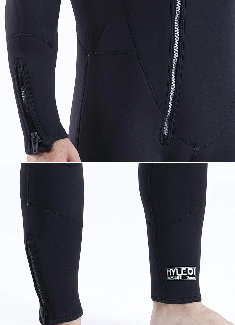 Men 7mm Neoprene Wetsuit One-Piece Hooded Diving Suit Front Zipper Blind Stitch Seam Zipper Cuff and Leg Opening