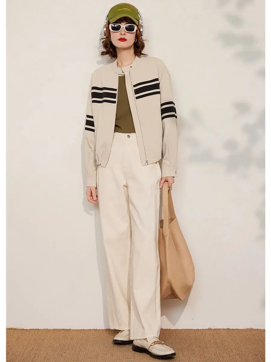 LOUIS YAO Women Jacket 2024 Spring New Round Neck Long Sleeve Contrast Color Striped Loose Fit Fashionable Women's Coat