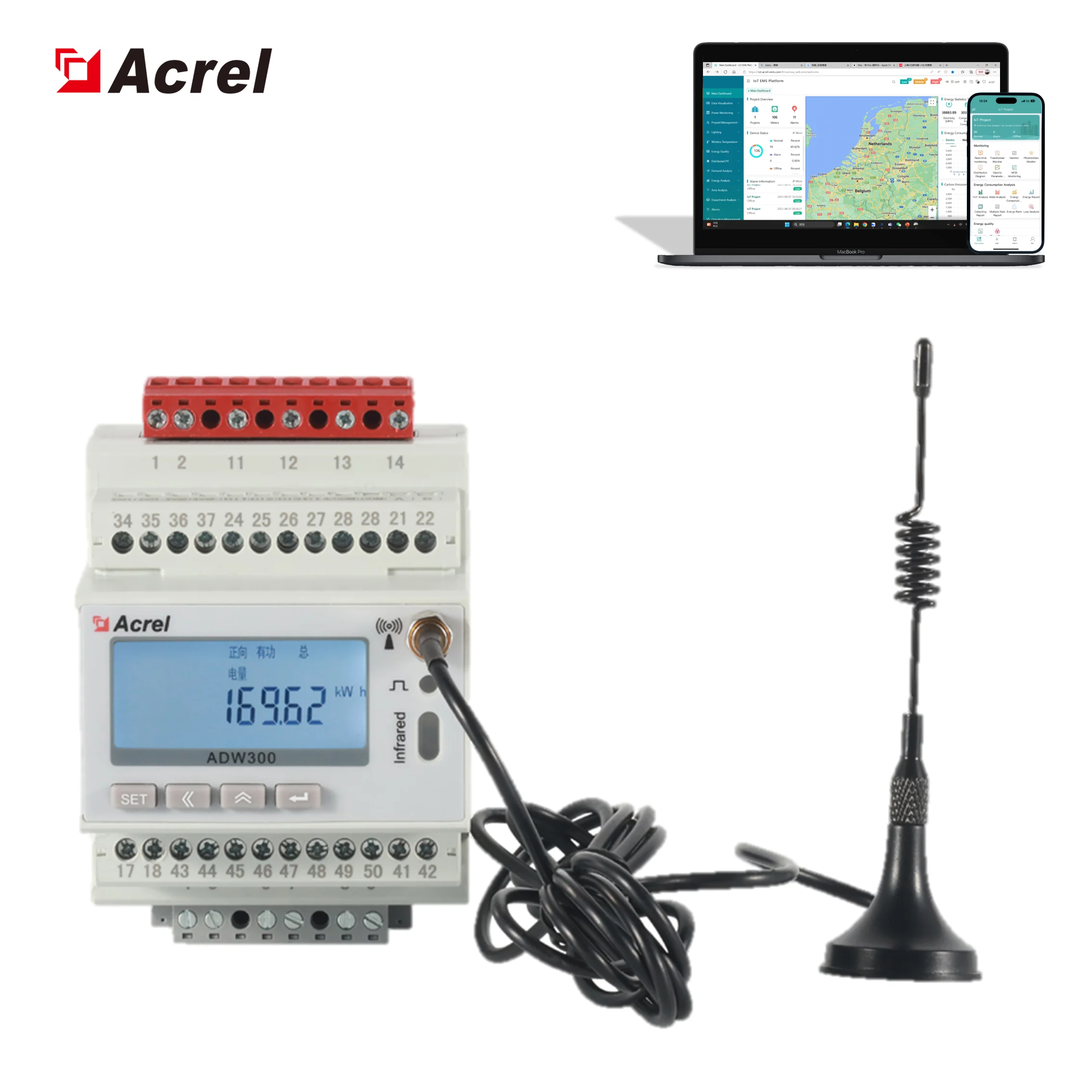 Acrel Adw300-Nb Vendita Diretta In Fabbrica Banda Stretta-Iot Nb-Iot Connessione Ethernet Kilo Watt Ora Misuratori Di Potenza Con Certificato Iec