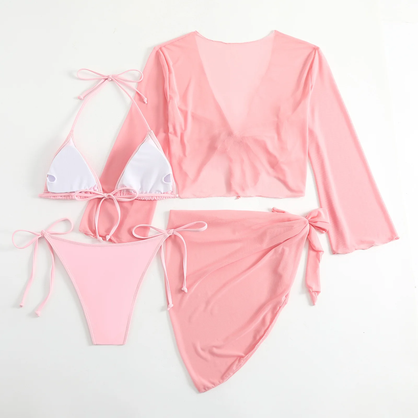 thumbnail image 5 of Micro mini bikini rosa con tiras para mujer, conjunto de 4 piezas con cubierta de malla, tops y falda, traje de baño, trajes de playa, biquini, 5 of 5