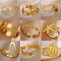 Dainty Zircon Shell Starfish Turtle Evil Eye Rings Stainless Steel Ring Women Anti Fading Golden Charm Jewelry Accessories Gifts 1