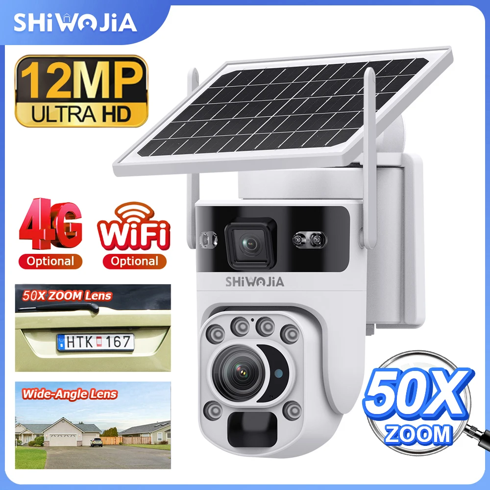SHIWOJIA 4G Solar Camera 6K 12MP 50X Optical ZOOM Dual Screen Outdoor Security WiFi IP Camera Night Vision PIR Detection AutoTra 1