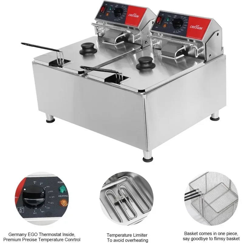 CROSSON ETL Listed 30Lbs Dual Tank Electric Commercial Deep Fryer with Solid Basket,Lid and Height Adjustable Legs
