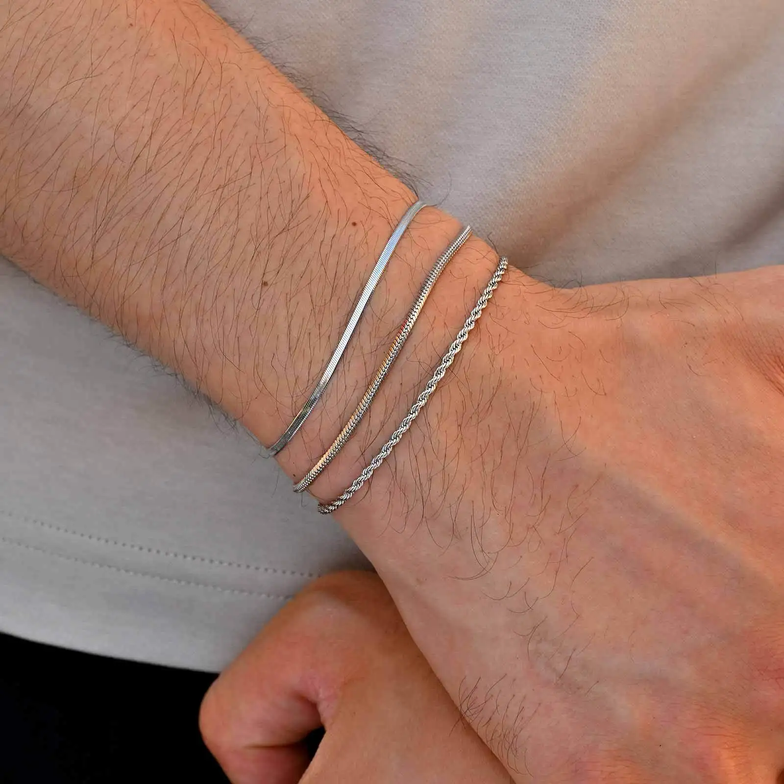3pcs Men Thin Chain Bracelet,Never Fade Silver Color Twist Chain Wristband,Stylish Punk Jewelry Gift for Husband Father Son