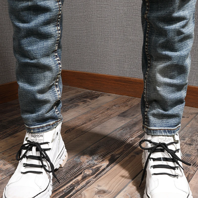 Fashion Streetwear Men Jeans Retro Blue Elastic Slim Fit Ripped Jeans Men Italian Vintage Designer Casual Denim Pants Hombre