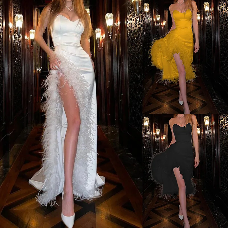 

2023 Spring and Summer Solid Color Fashion Feather Women's New Long Skirt, Sexy Bustier Dragging Slit Waist Party Dress