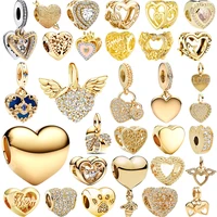 Authentic Fine Golden Pendant Eternal Heart-Shaped Charm Beads Fit Original European 925 Silver Bracelet DIY Women Jewelry Gifts 1
