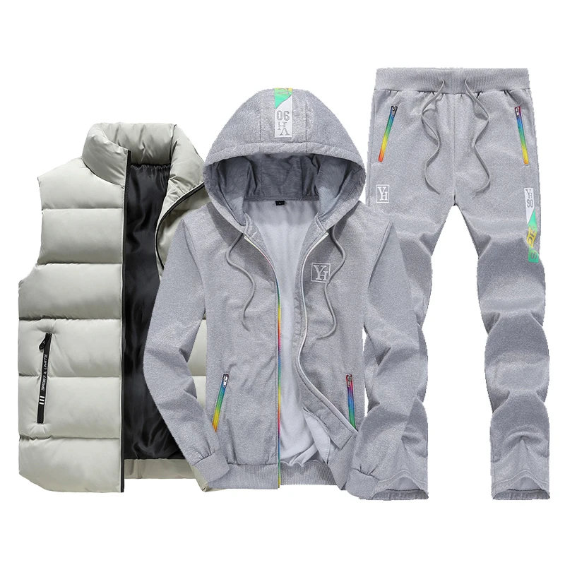 Men Tracksuit Outfit Sweat Suit New Winter Men's Clothing Men Sets 3 Pieces Vest Hoodie Set Fleece Zipper Casual Sport Sweatpant 13
