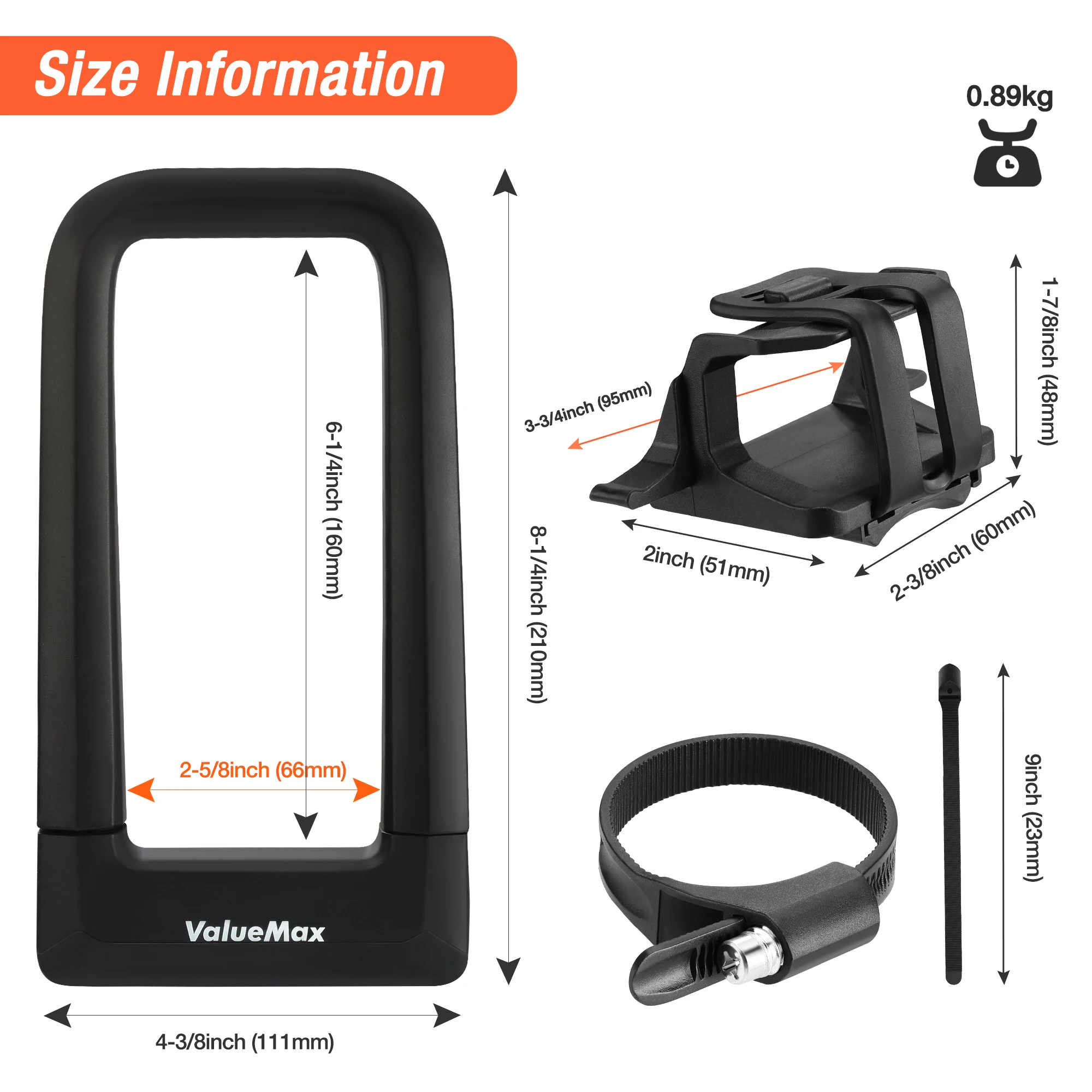 Valuemax Bike U Lock black Orange Color Anti-theft Secure MTB Road Bike Motorcycle Wheel Lock With Bracket & Key