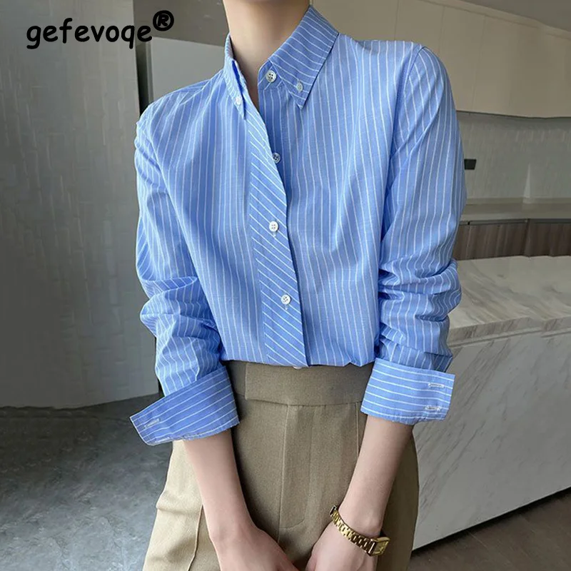 Blue Striped Printed Shirt for Women Spring Autumn 2023 New Office Lady Turn-down Collar Button Long Sleeve Loose Blouse