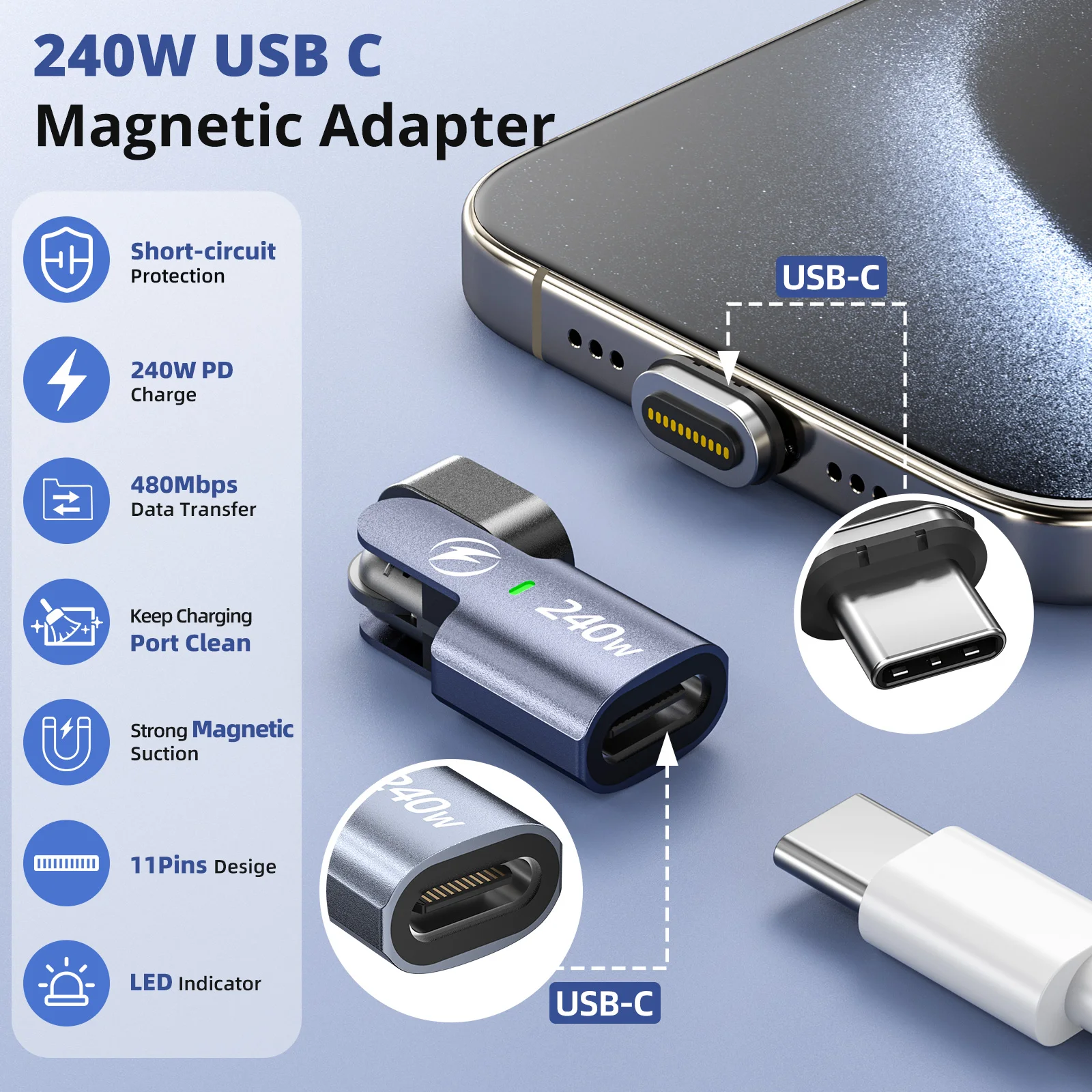 폰켄 USB 타입 C 마그네틱 어댑터 PD 240W 고속 충전 마그넷 컨버터 케이블 접이식 3-in-1 USB C 데이터 어댑터 OTG