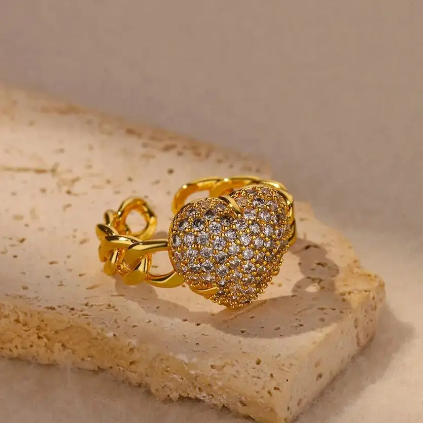 Zircon Rings Gold Color Stainless Steel Geometric Opening Wedding Party