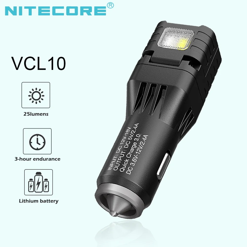 NITECORE VCL10 LED Flashlight Car Charger QC3.0 Vehicle Charger Red Warning light Emergency