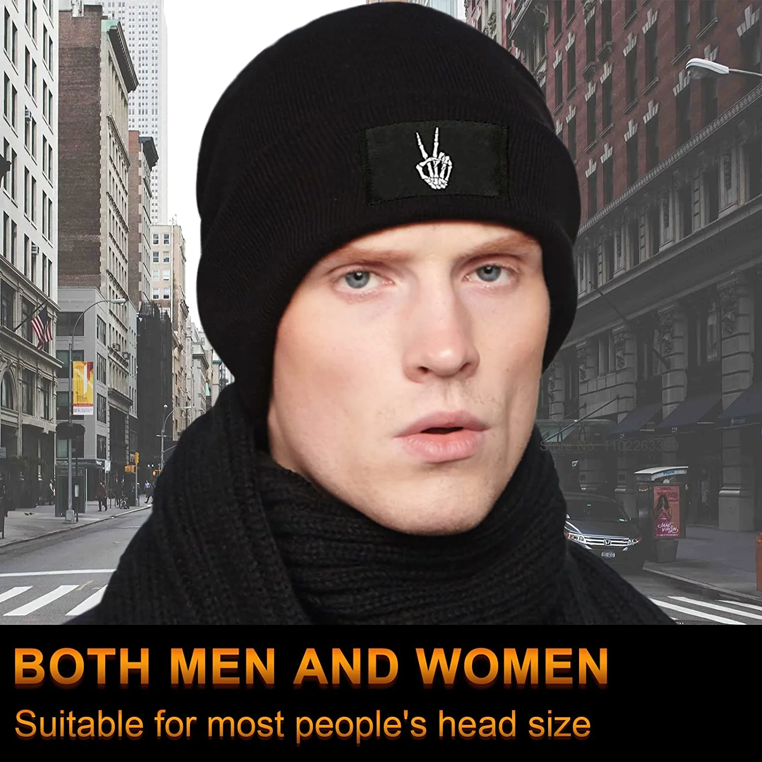 Skeleton Hand Making Peace Sign Men Or Women Soft Beanie Hat Skull Cap Winter Hats