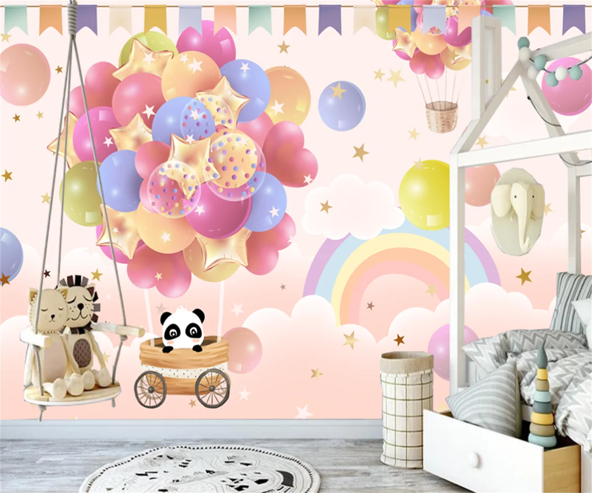 Custom cartoon wallpaper Nordic hand-painted color hot air balloon small animal cloud children's room background wall wallpaper