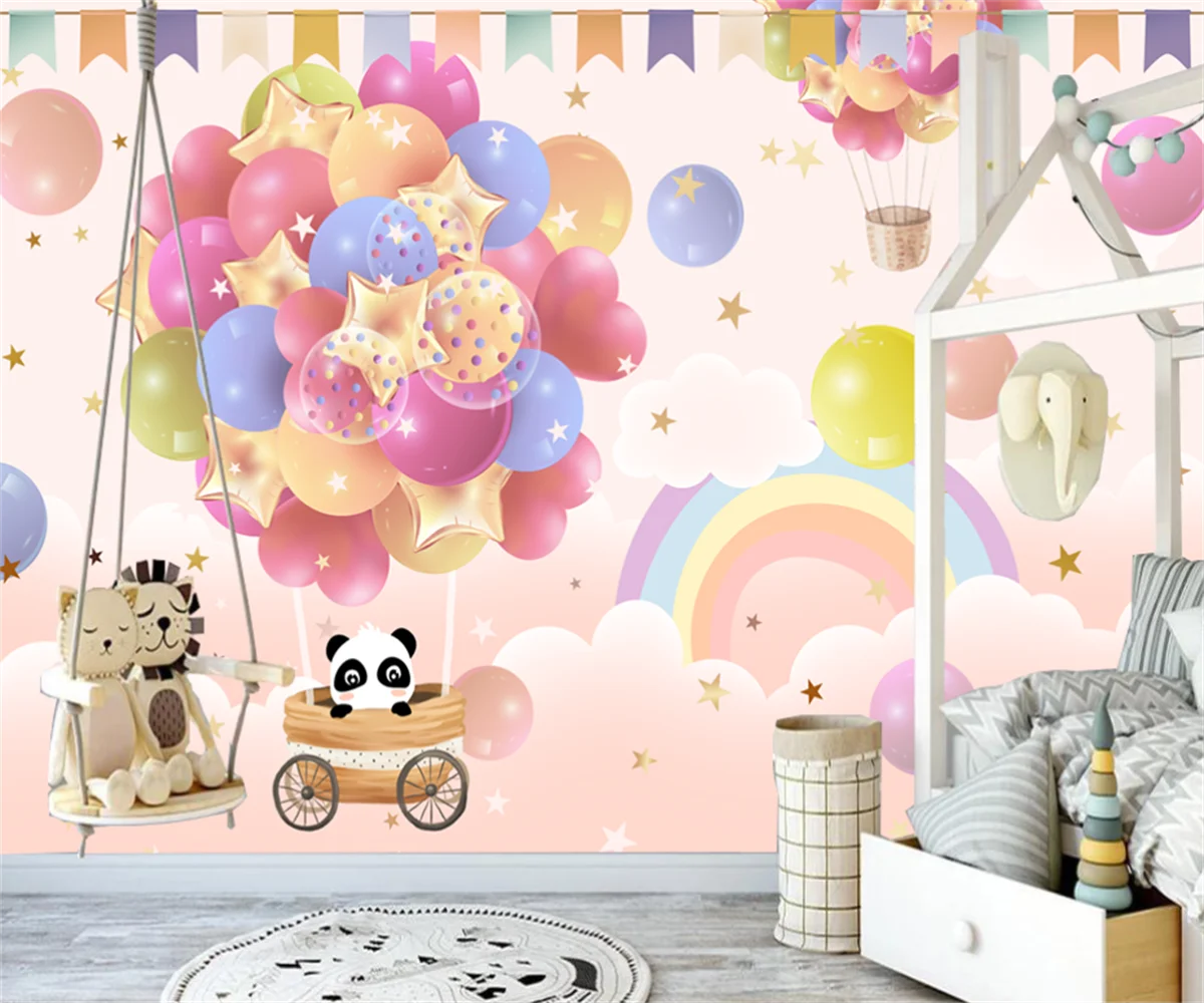 

Custom cartoon wallpaper Nordic hand-painted color hot air balloon small animal cloud children's room background wall wallpaper