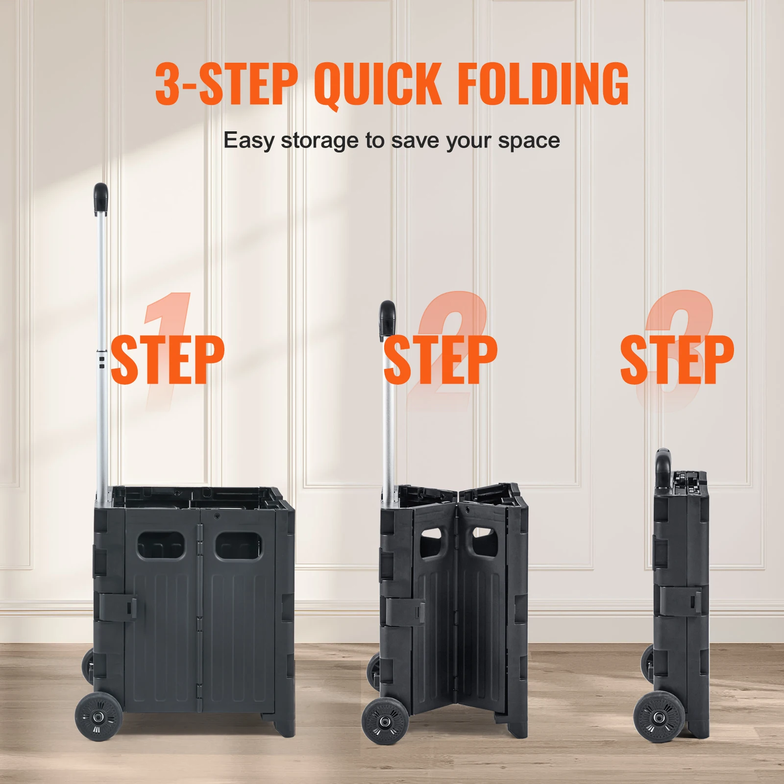 VEVOR Foldable Utility Shopping Cart Folding Portable Crate Handcart with Telescope Handle Wheels for Travel Office Garden Use 4
