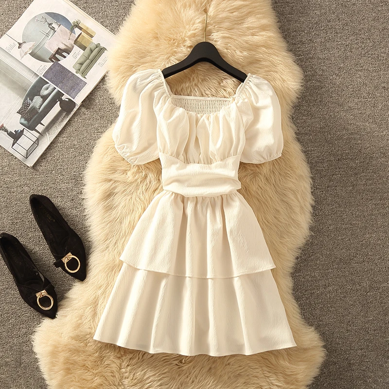 

Women Summer Solid Dress Square Collar Puff Sleeve Back Lace-up A-Line Vestidos Female Casual Simple Streetwear Mini White Frock