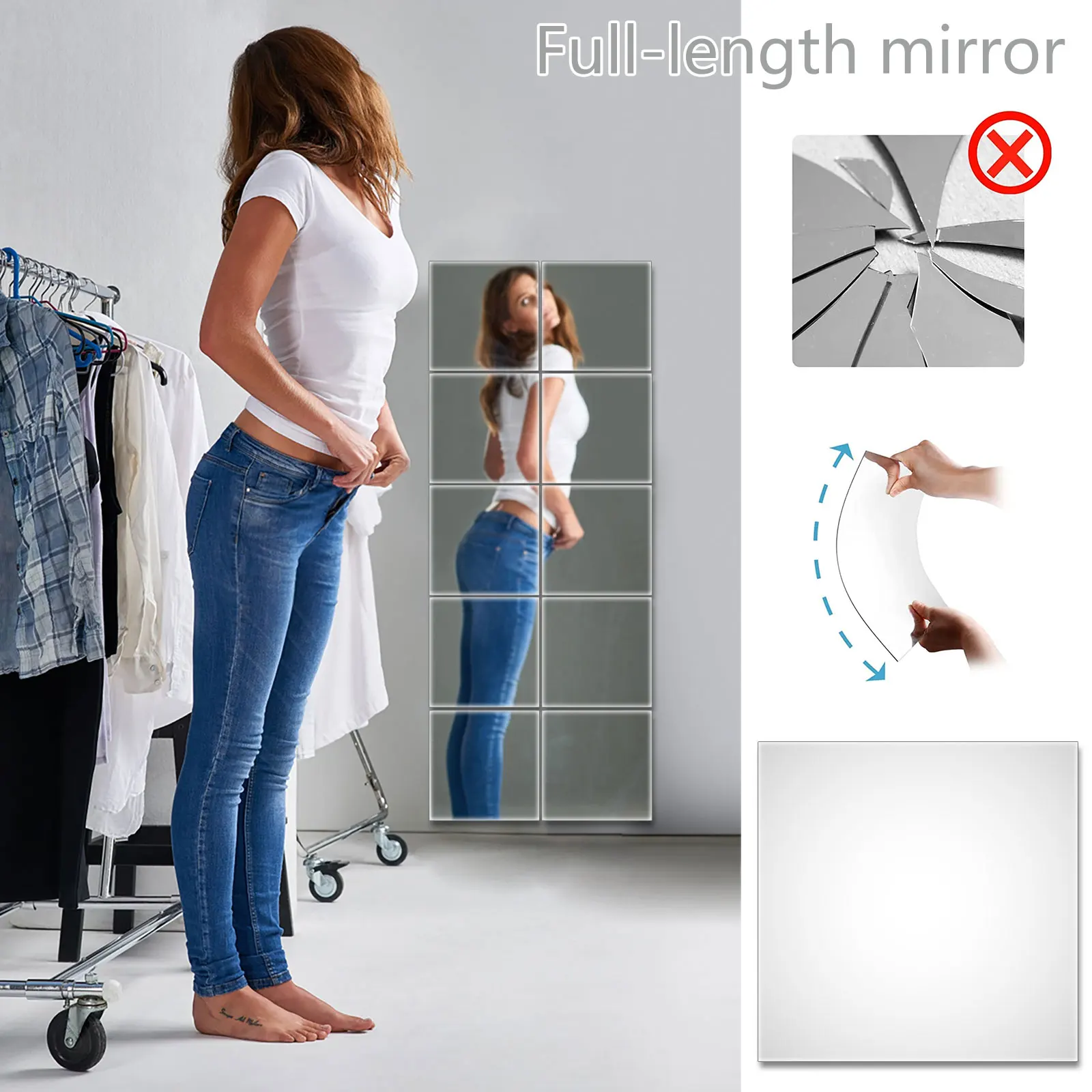 10/20pcs Mirror Sheet Non-Glass Flexible Self Adhesive Mirrors Sheets Stick DIY Mirror Tiles For Bedroom, Door & Bathroom