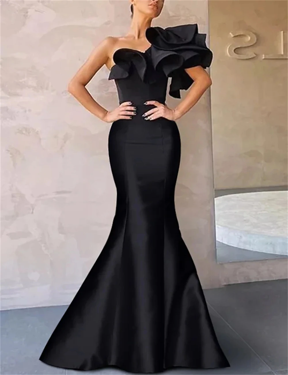 

Mermaid Trumpet Evening Dresses Corsets Formal Floor Length Sleeveless One Shoulder Taffeta with Ruffles Shoulder Flower 2024