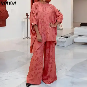 VONDA Summer Autumn Women Plus Size Sets 2PCS Elegant Print Loose Tops Wide Leg Pants Two-piece Outfits OL Work Party Streetwear