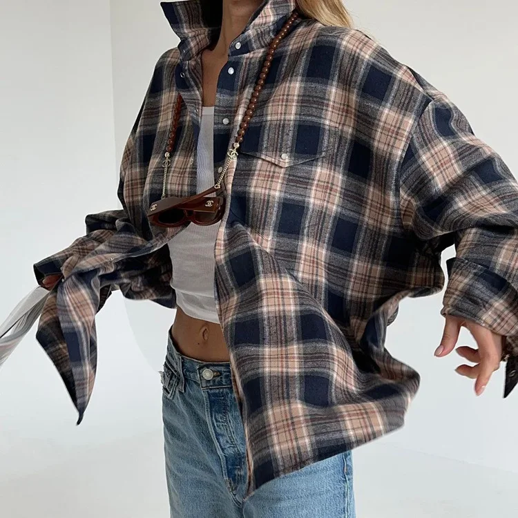 Lapel Autumn 2025 Shirts Outwear Fashion Ladies Contrast Long Sleeve Patchwork Elegant Women Coat Cardigan Female Shirts
