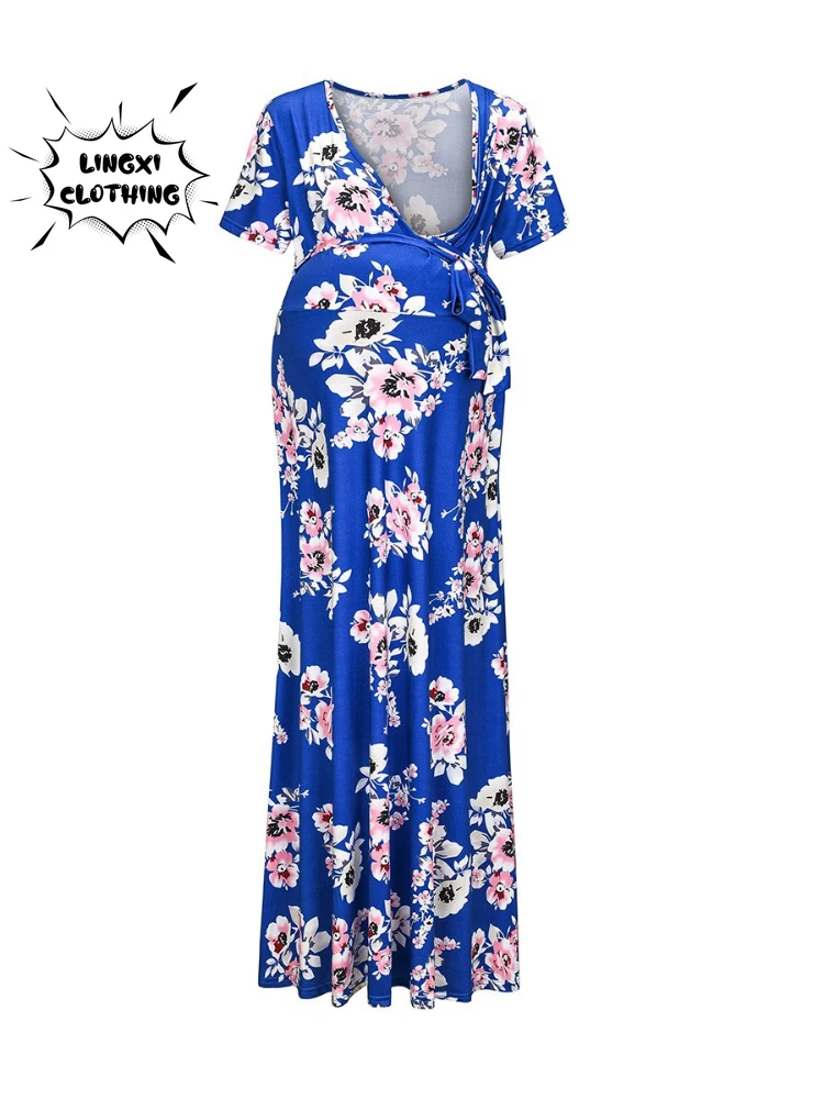 Pregnant Women's Dress Fashion Women's Printed Belt Breastfeeding Short Sleeve Spring/Summer Long Dress womens dresses