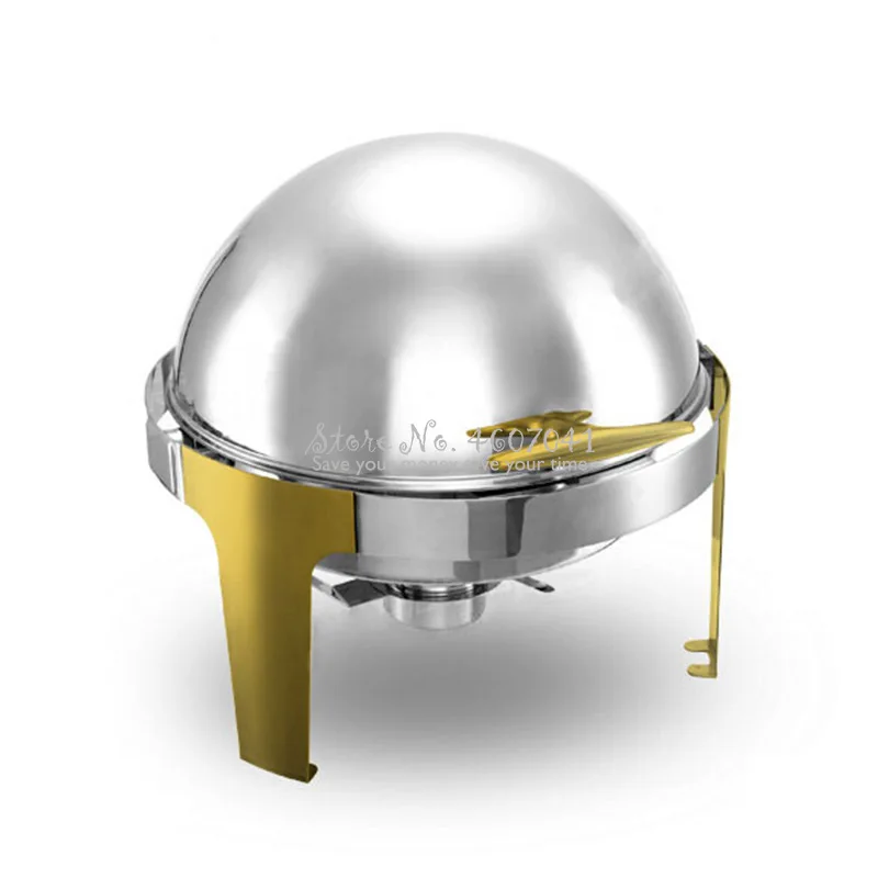 

Hot Sale 6L Gold plating Stainless Steel Gold Flip Round Buffet Chafing Dish Restaurant buffet Insulated alcohol stove