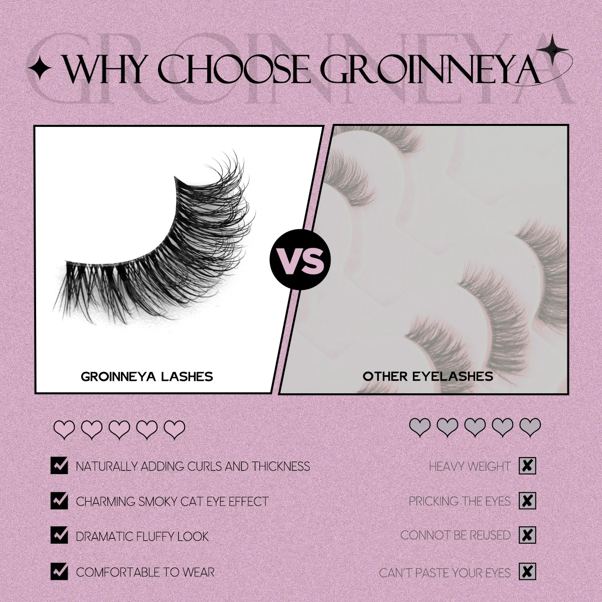 Half Fake Eyelashes GROINNEYA Soft Natural Cat Eye Lashes Natural Look Nvisible Band Fluffy Eyelashes