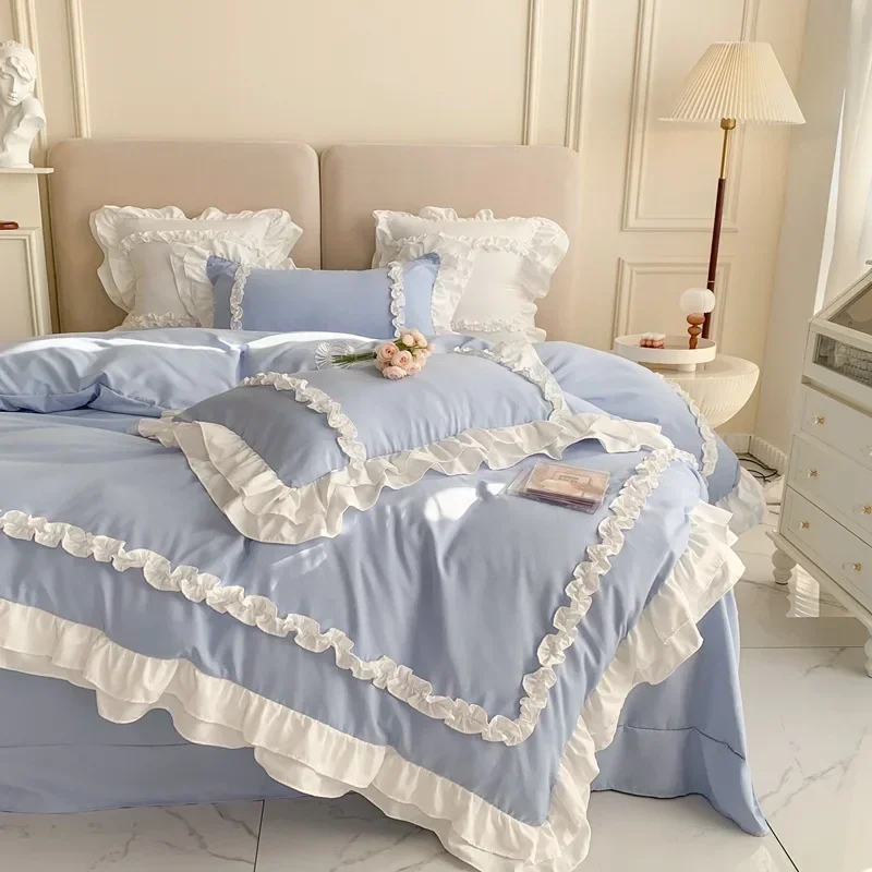 

Elegant Lace Bedding Sets Luxury Bed Linen Princess Washed Cotton Ruffle Duvet Cover Bed Sheet and Pillowcases for Girl Luxury
