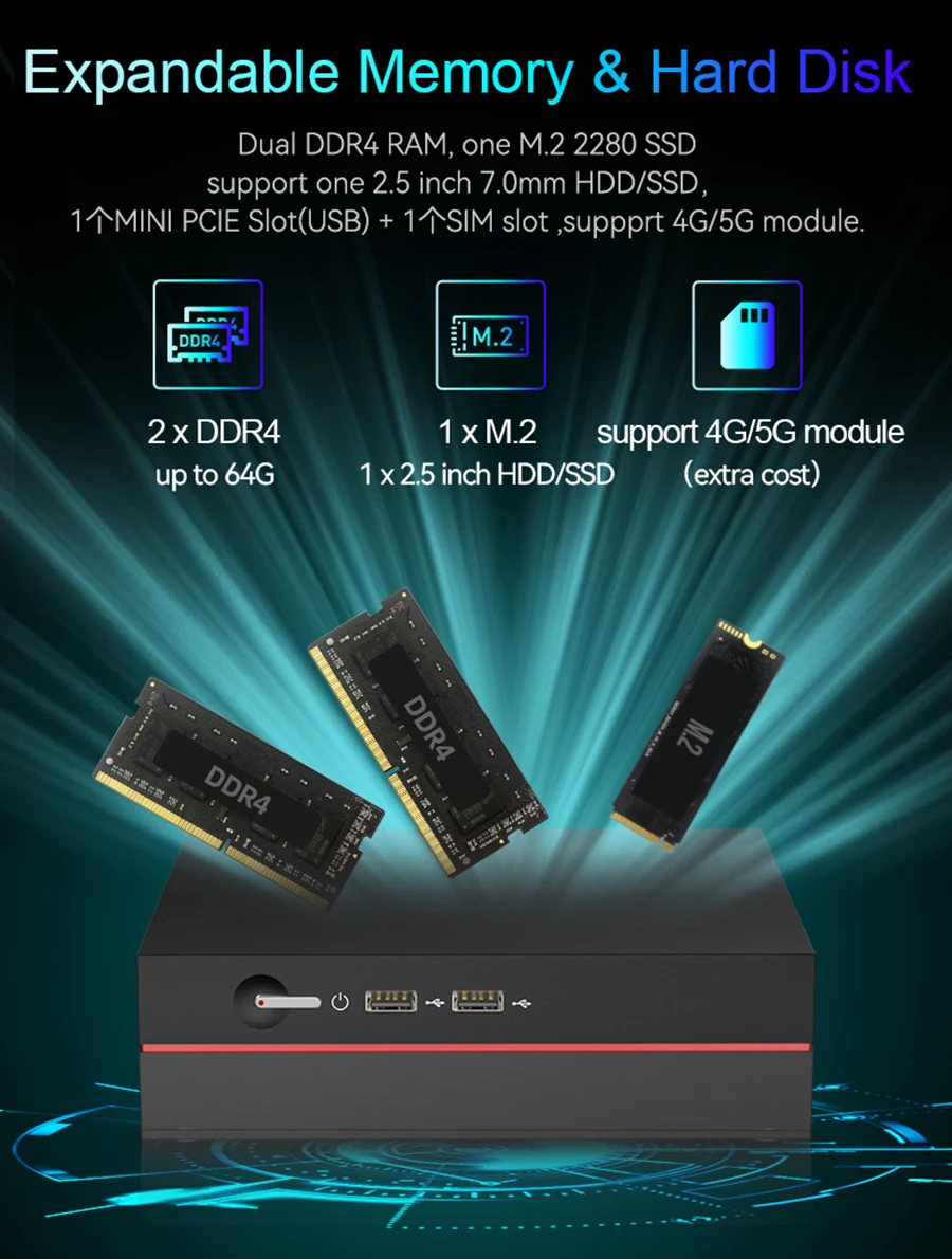 XCY 미니 PC 이산 그래픽 i7-12650H 3, 4K @ 60Hz 디스플레이, 듀얼 DDR4 32GB M.2 SSD, 1TB SIM, 4G LTE, 오피스 데스크탑 컴퓨팅
