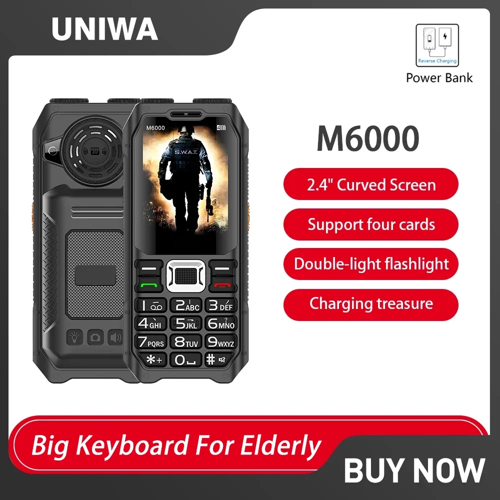 Uniwa M6000 2G Feature Phone Grande Tastiera Per Anziani Power Bank 4 Sim Fm Radio Mp3 Voice Record Torch Cellulare Prezzo Basso