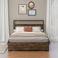 Queen Size Bed Frame,Industrial Metal Platform Bed Frame with 2 Tier Storage Wooden Headboard and Footboard,4 Storage Drawers 1
