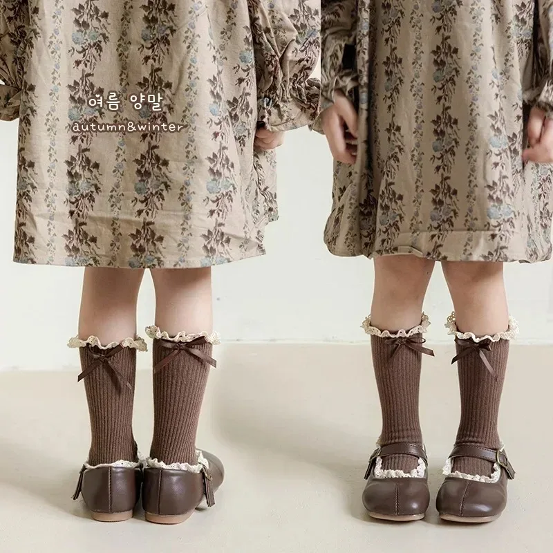 Children Baby Cute Princess Lace Ruffle Bow Calf Knee High Long Socks for Little Girls Lolita Kids Retro Cotton School Stockings