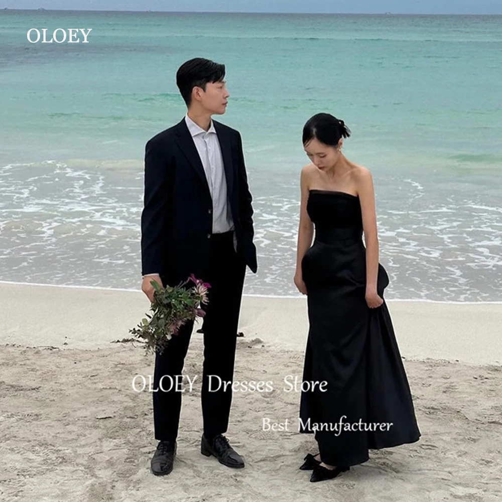 

OLOEY Simple A Line Korea Black Evening Party Dresses Photo shoot Strapless Satin Floor Length Corset Back Beach Wedding Gowns