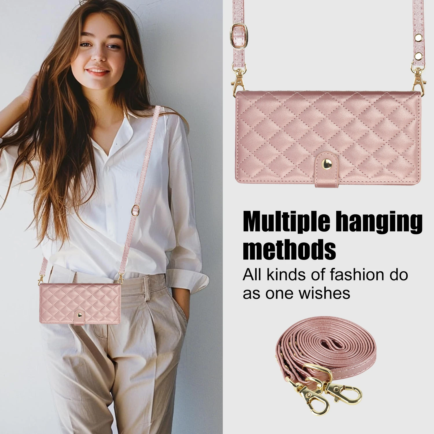 Crossbody Zipper Card Slot Leather Wallet Case with Lanyard Cover