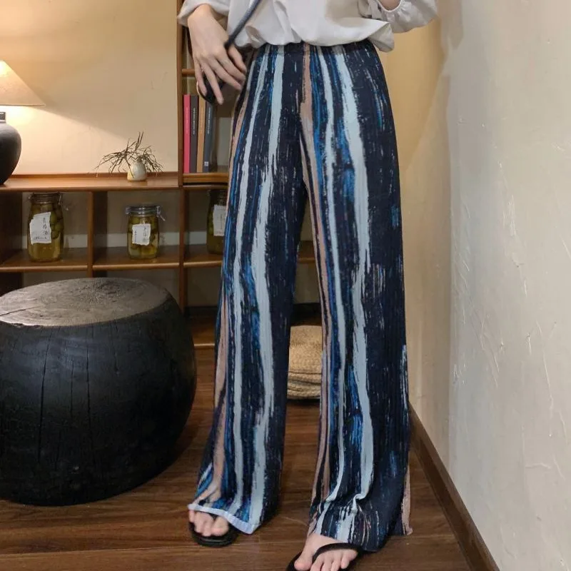 2024 Summer Sweet Striped Ruched Women's Thin Elasticized High-waisted Straight Tie Dye Casual Loose Wide Leg Floor Length Pants