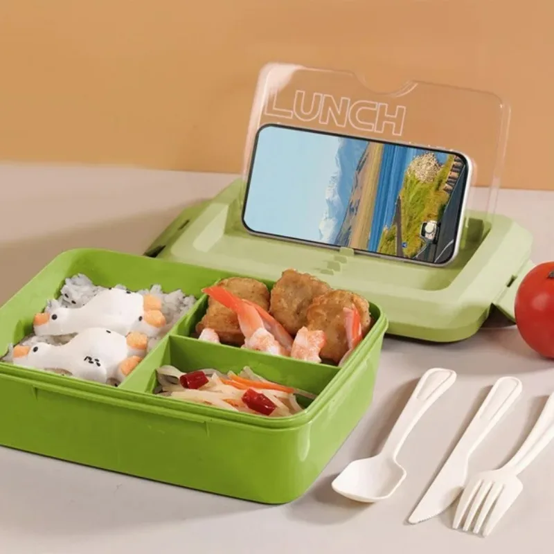 Portable Microwave Safe Bento Box with Fork and Spoon Leak-Proof Square Divider Food Storage Container for Office Lunch Picnic