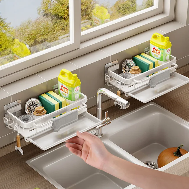 Konyhai Függő Tároló Állvány Polc Törülköző Szivacs Lefolyó Szervező Alumimum Mosogató Kosár Fürdőszoba Sampon Törülközőtartó - Image 5